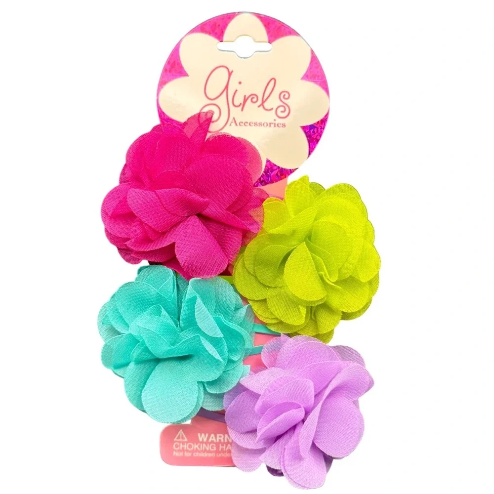 Girls Flower Hair Clips 4 Pack‎ Chiffon Floral Snap Barrette Pink Blue Green